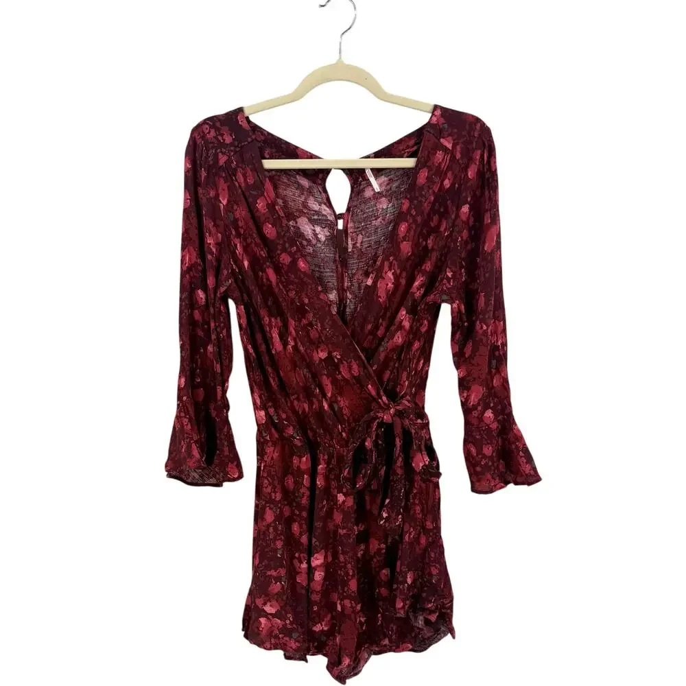 Free People Raven Combo Floral Wrap Romper Size Small Crimson Red Bell Sleeve